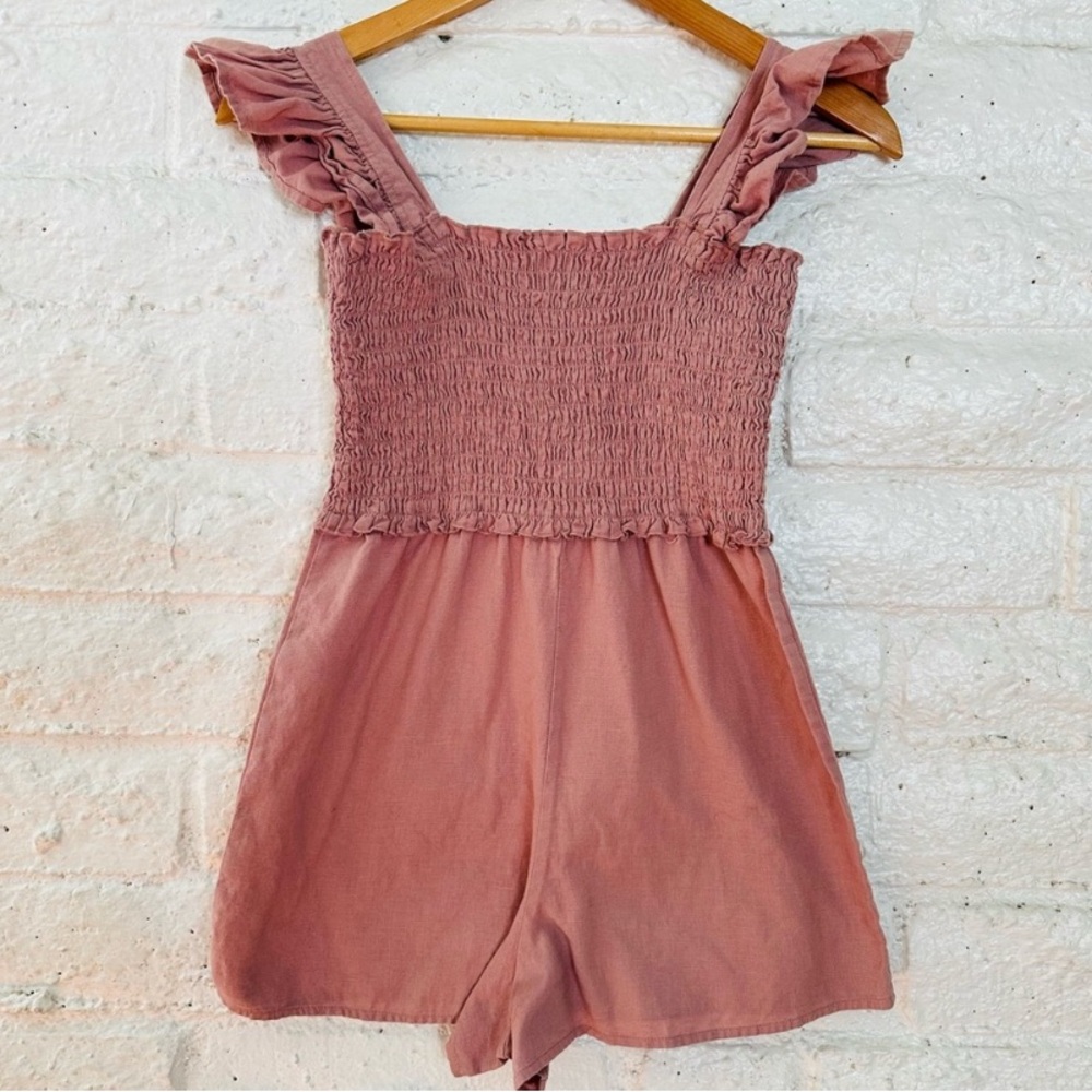 ASOS frilled sleeve pink smocked linen romper - Picture 4 of 4